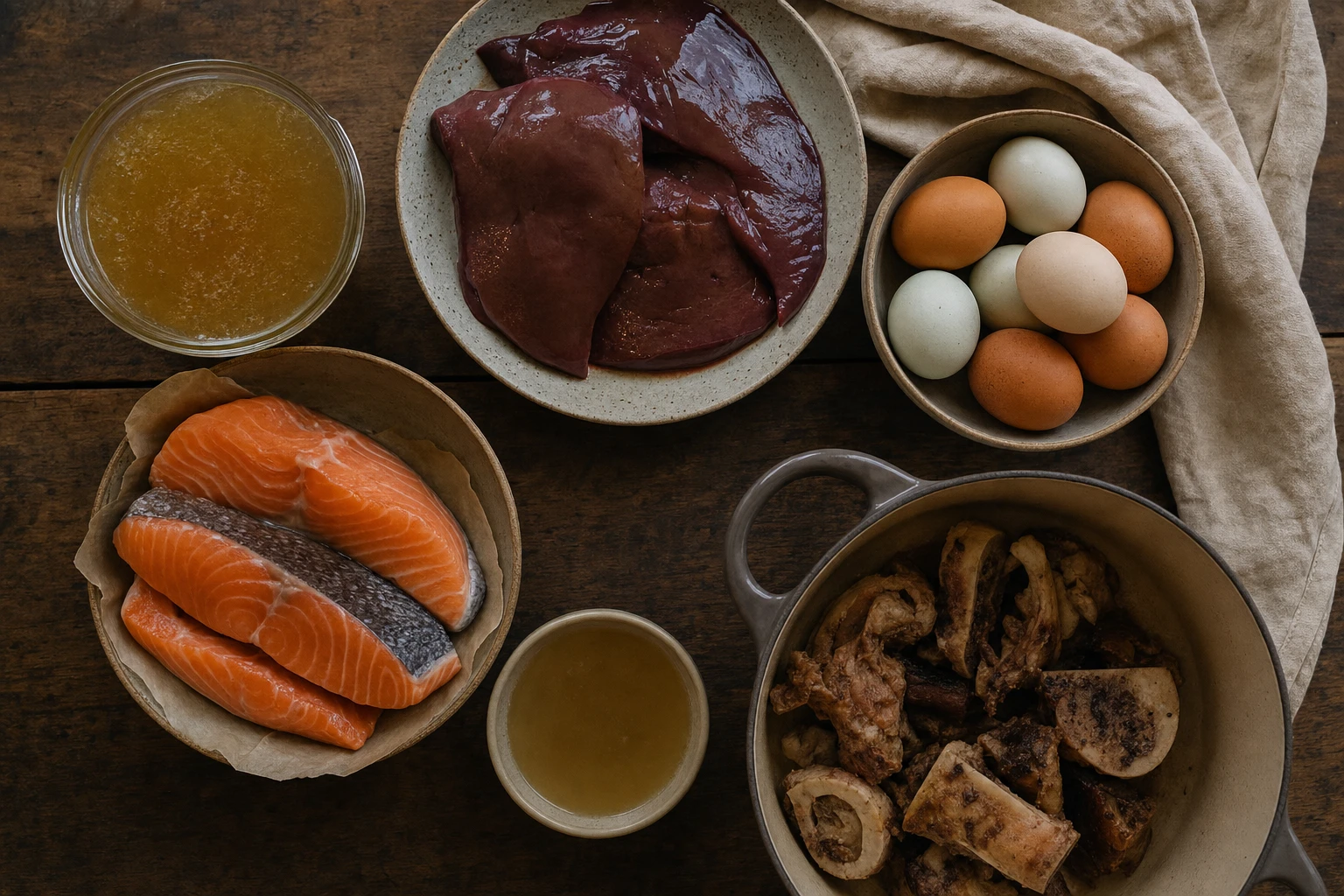 Nutrient-dense whole foods, liver, fish, eggs, bone broth in bowls