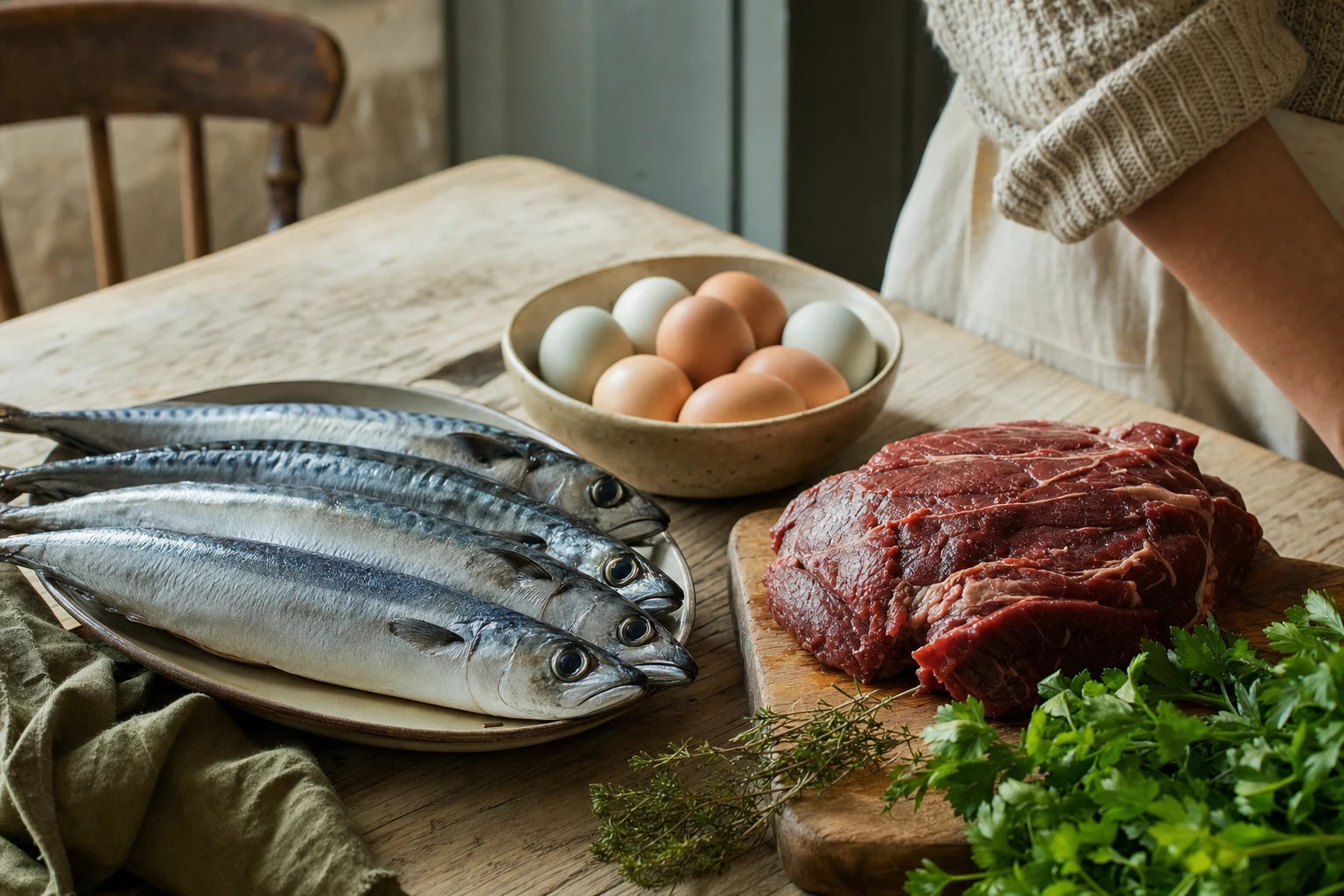 Plate of oily fish, eggs, grass-fed beef on cutting board