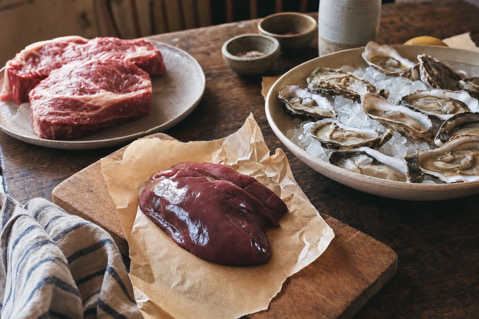 Raw liver, red meat, oysters on display