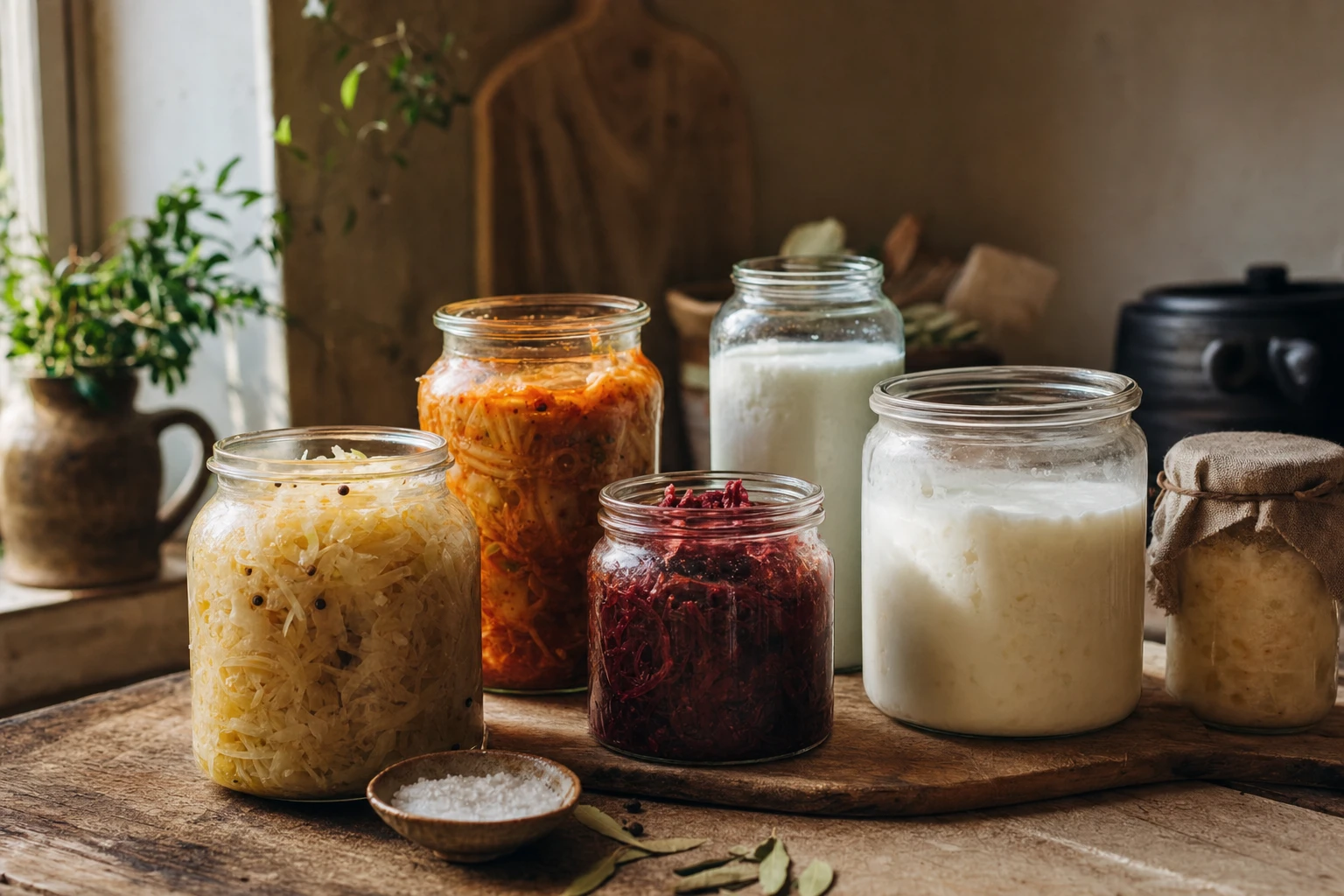 Jars of sauerkraut, kimchi, and kefir in various stages of fermentation, showing natural colors and textures
