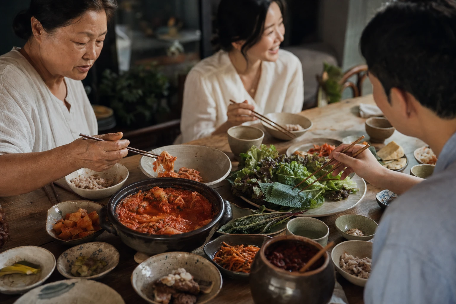 A Korean family dinner spread showing kimchi in traditional dishes, fresh vegetables, and fermented condiments