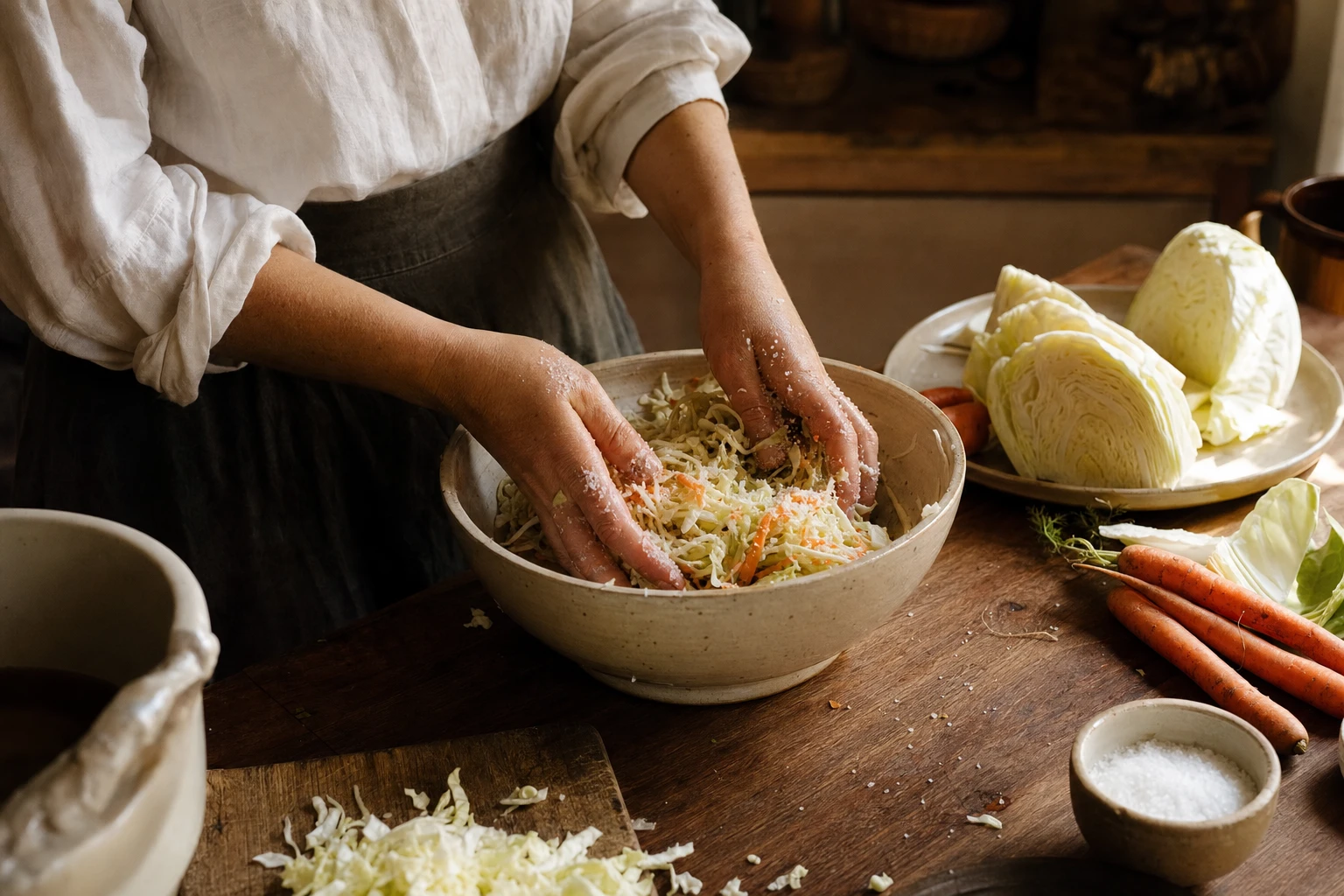 Hands preparing fresh sauerkraut or kimchi ingredients, showing salt application and massaging of vegetables