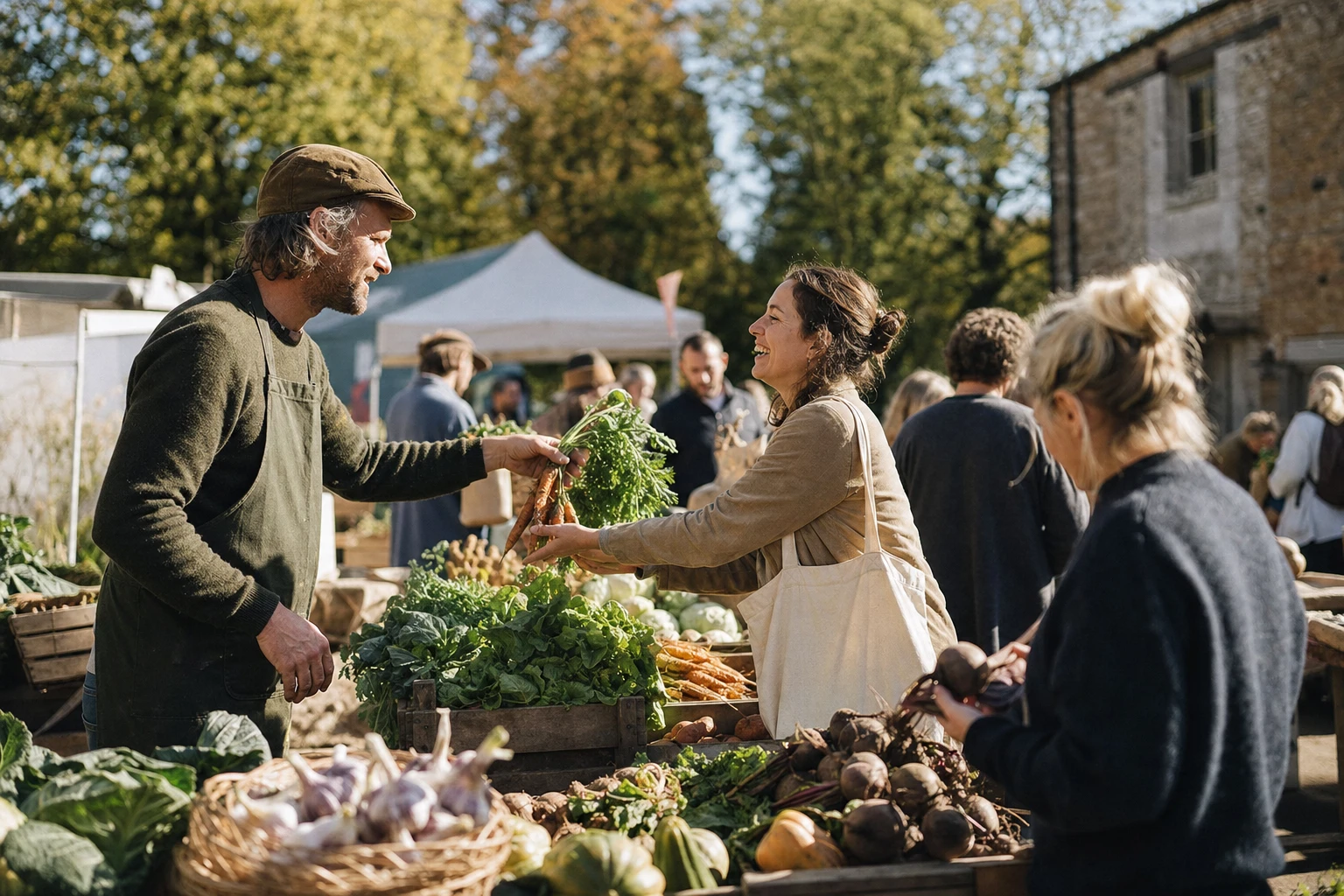 A vibrant farmers market with diverse produce and farmers