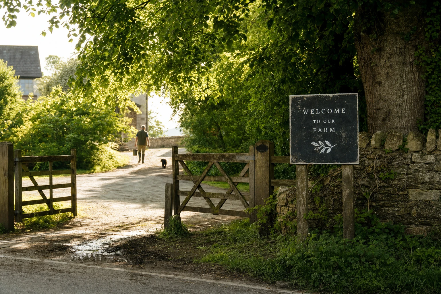 A farm gate entrance with signage welcoming visitors