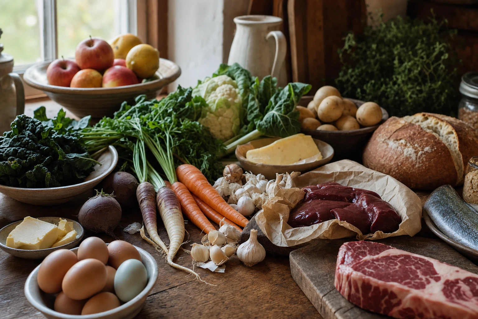 A diverse assortment of real, whole foods on a kitchen counter