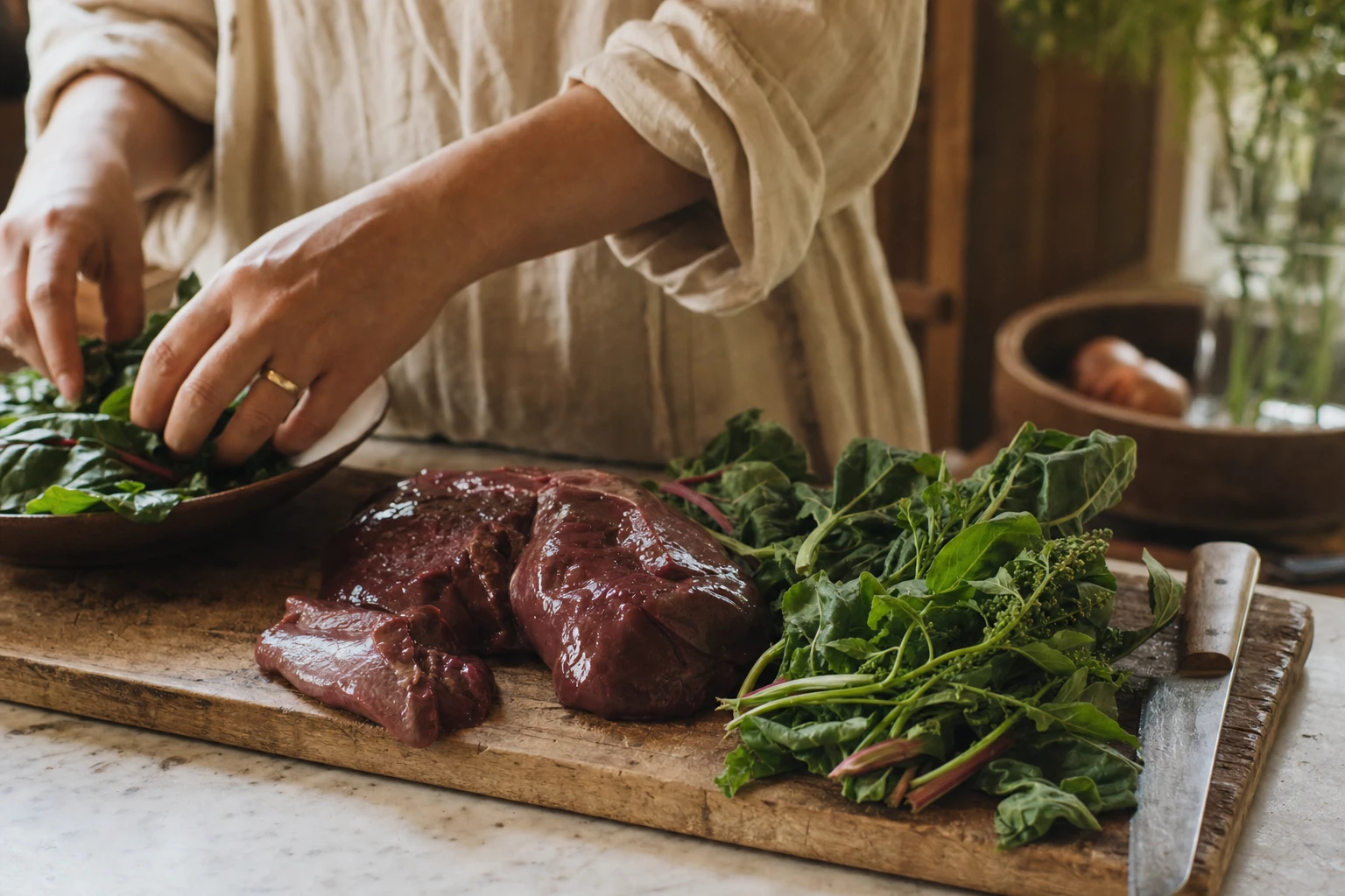 Fresh leafy greens and liver on a cutting board
