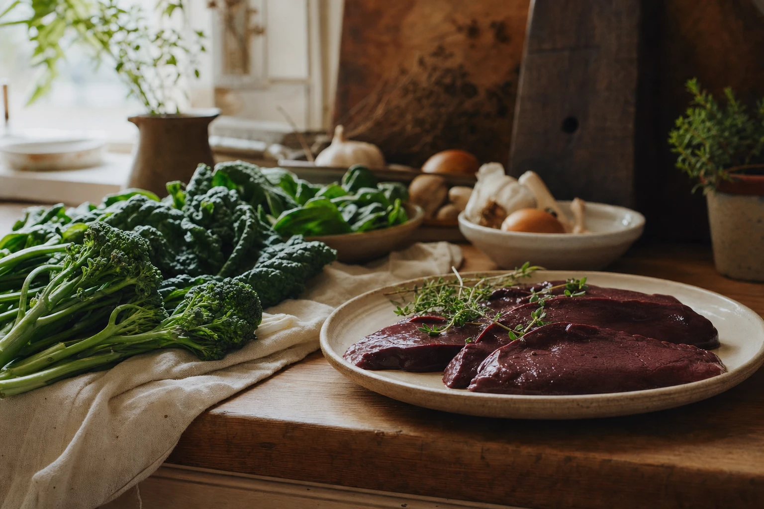 Beef liver and green vegetables