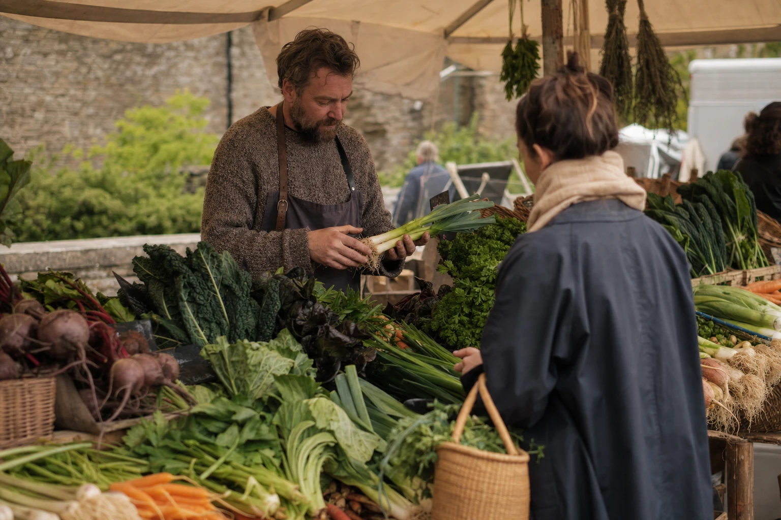 Farmer's market stall with seasonal vegetables and direct producer