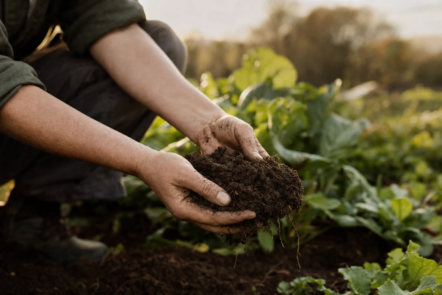 Hands holding soil on a regenerative farm