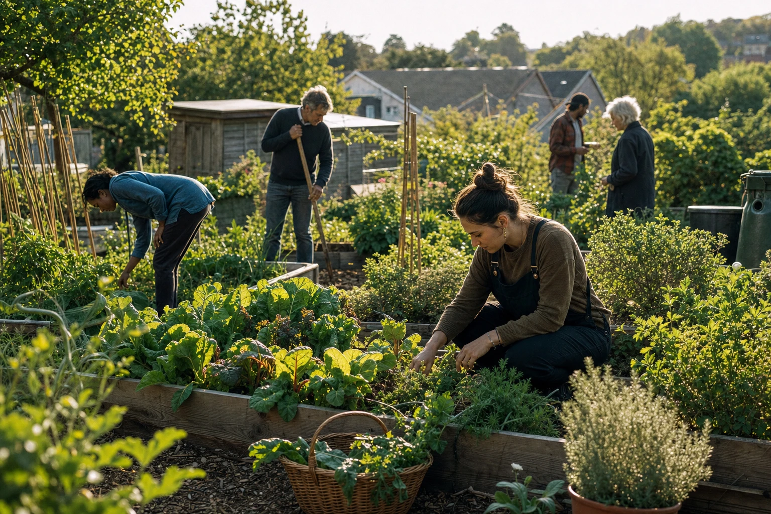 Community garden with residents tending beds