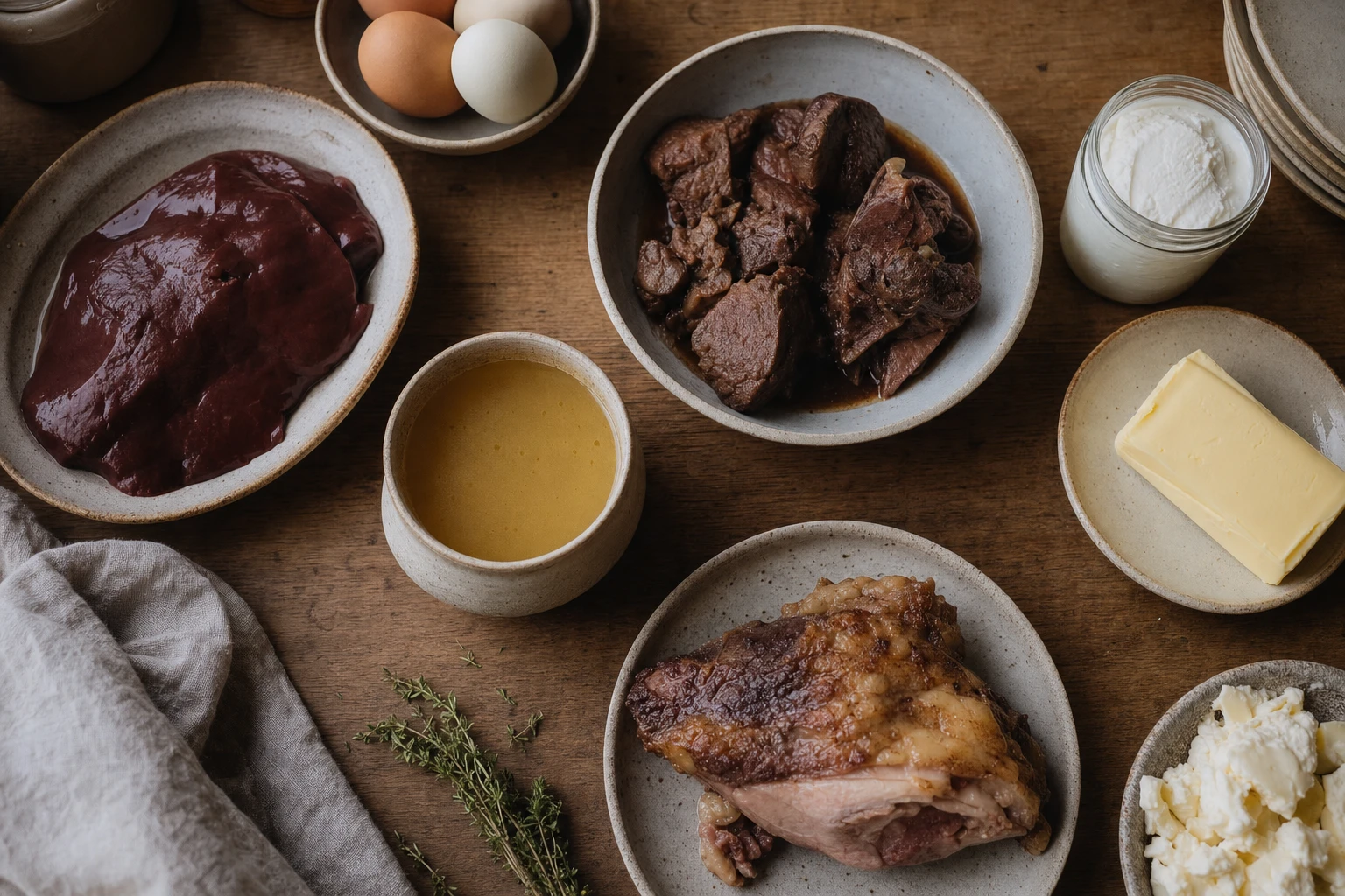 An overhead view of nutrient-dense postpartum foods: liver, eggs, broth, beef, butter, full-fat dairy