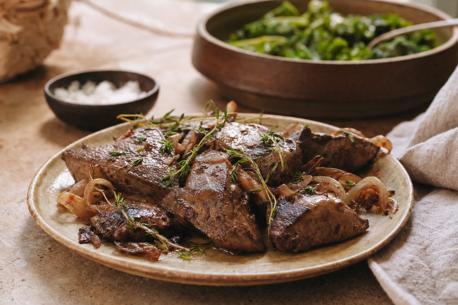 Cooked liver or organ meats on a plate with herbs