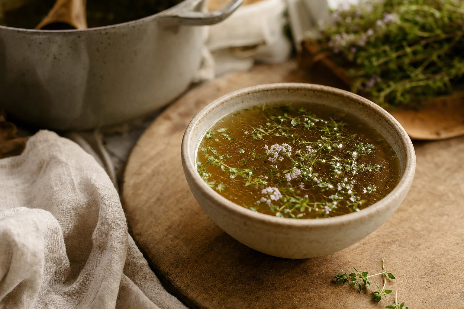 A bowl of bone broth with herbs floating in it