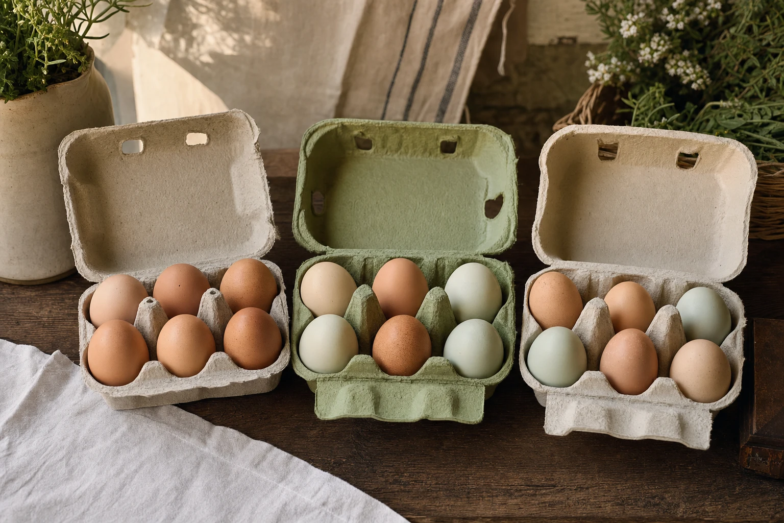 Three different egg cartons with different labels displayed side by side