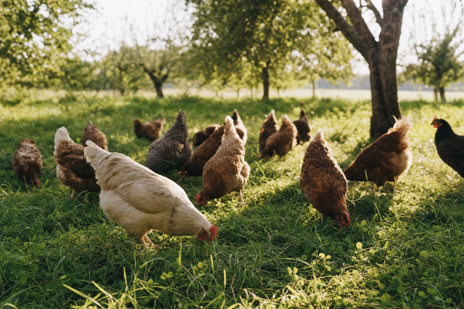 Happy hens foraging on green pasture