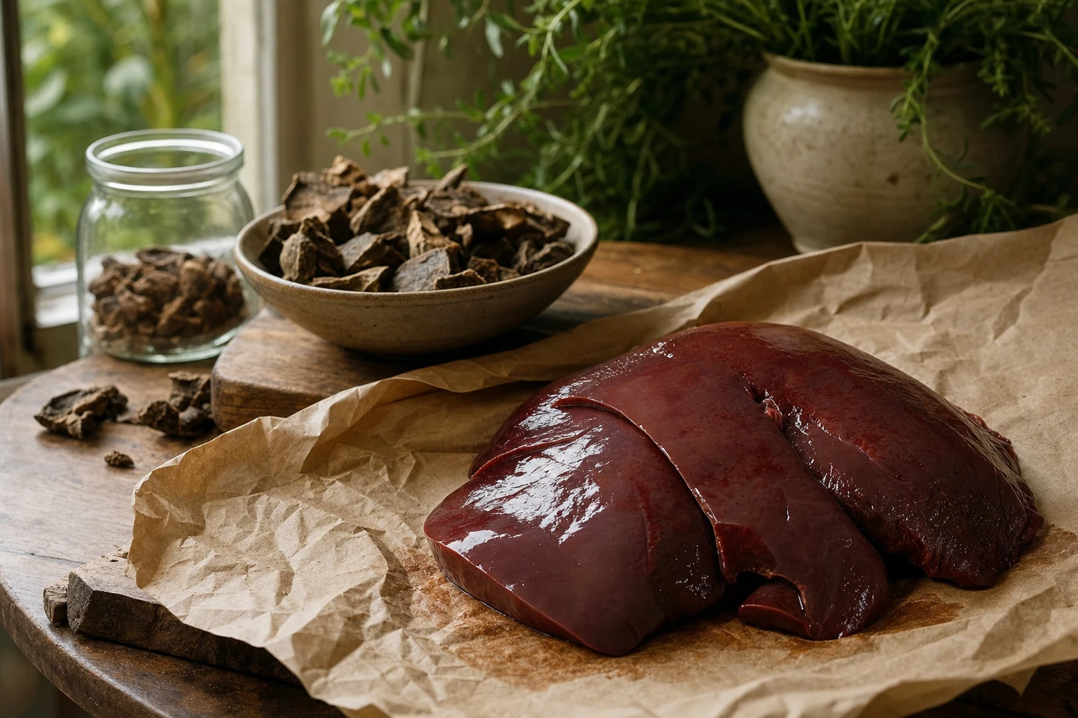 Fresh liver on butcher paper next to freeze-dried organ supplement