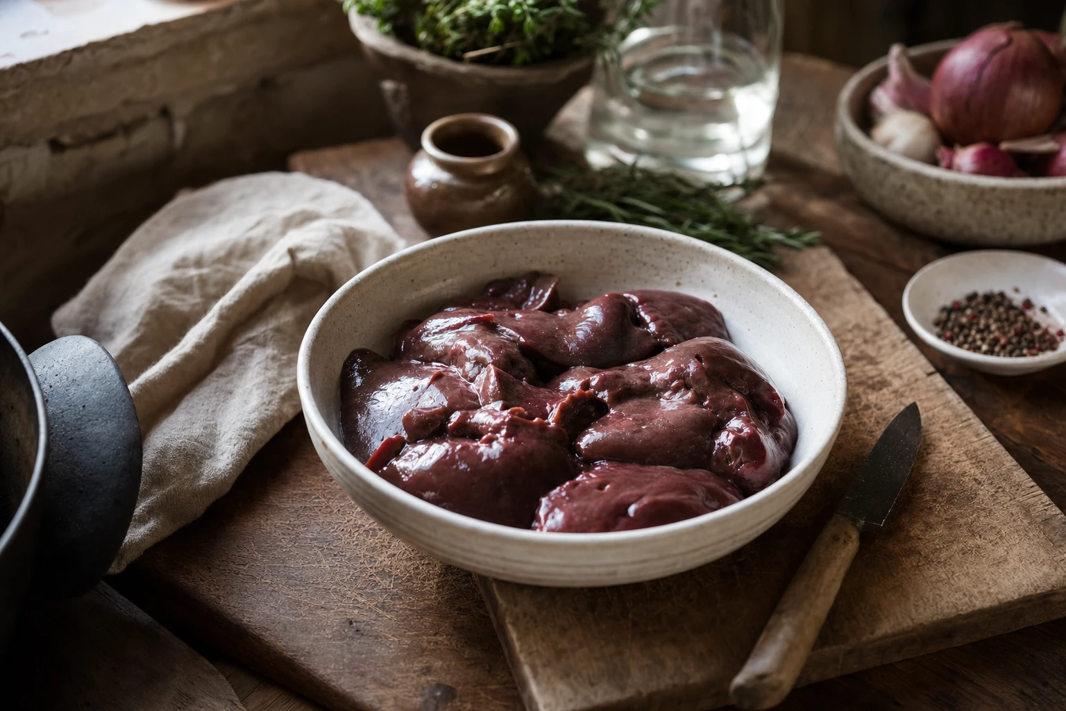 A bowl of fresh liver prepared for cooking, rustic kitchen setting