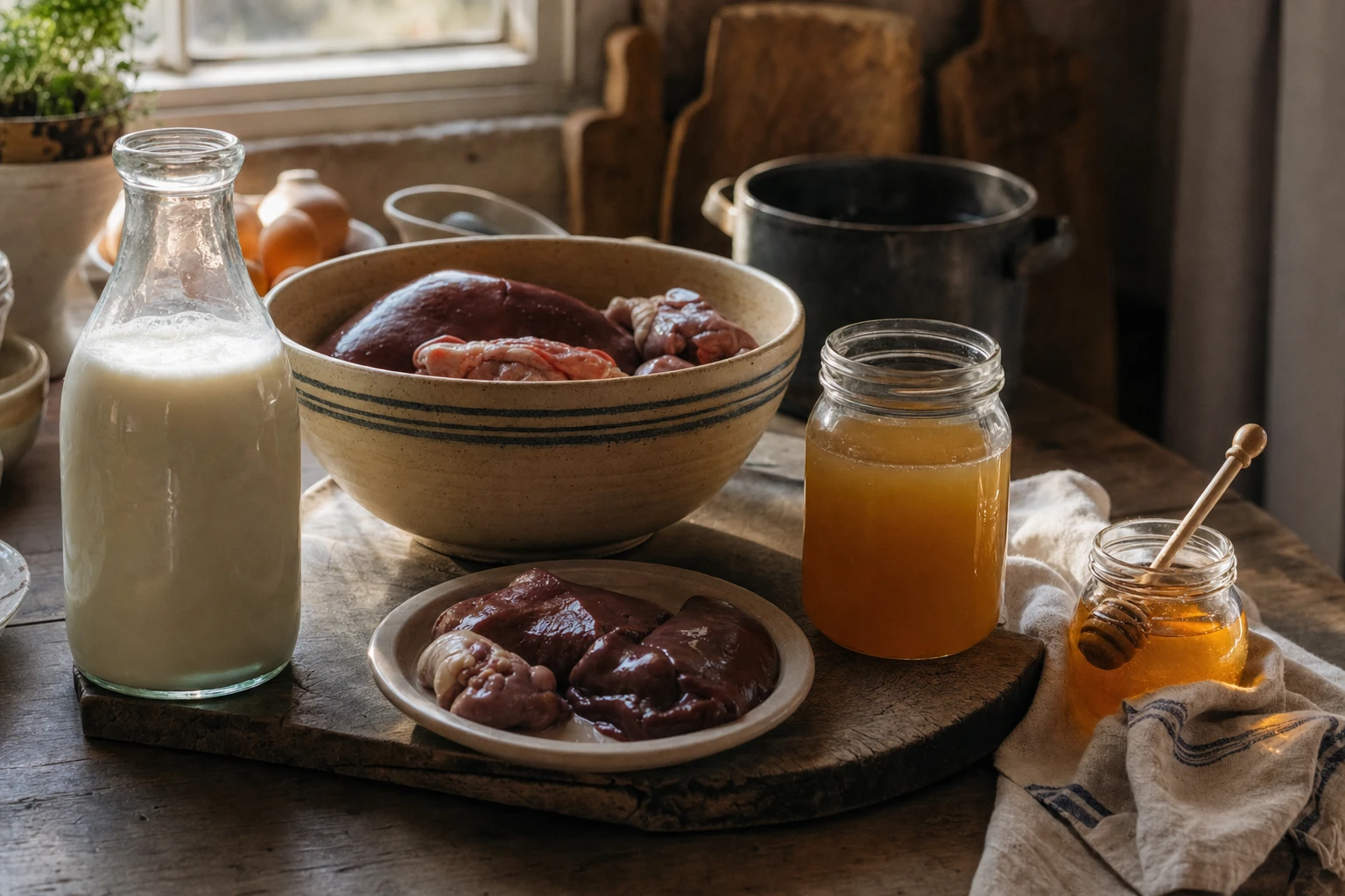 A kitchen counter with raw milk, organs, bone broth, and honey, natural light