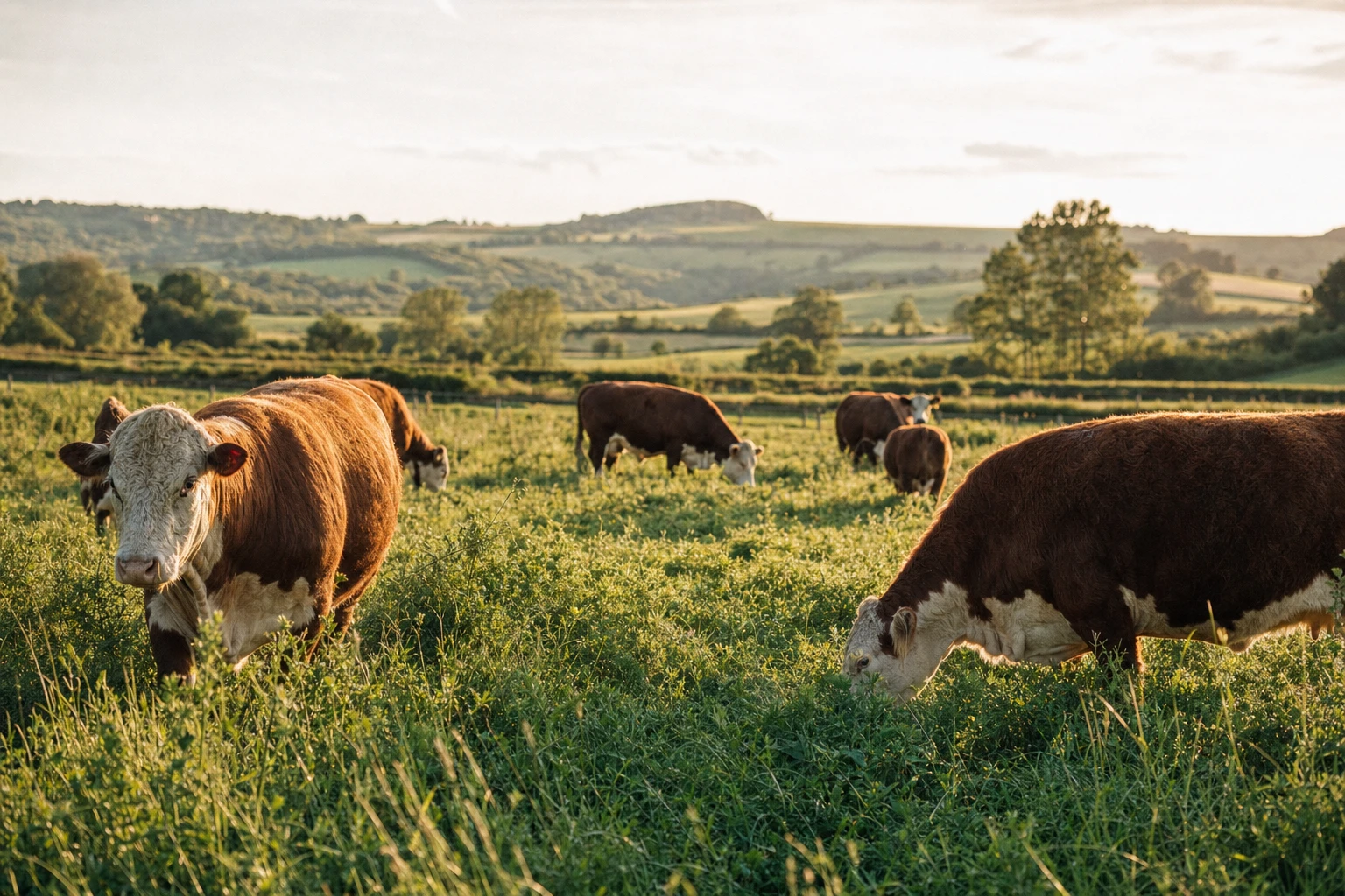 Cattle on diverse pasture at a regenerative farm, soft natural light