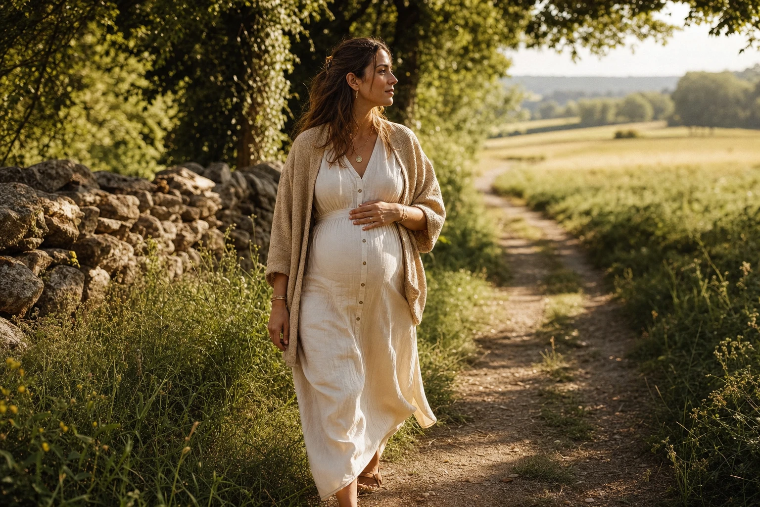 Pregnant woman walking outdoors