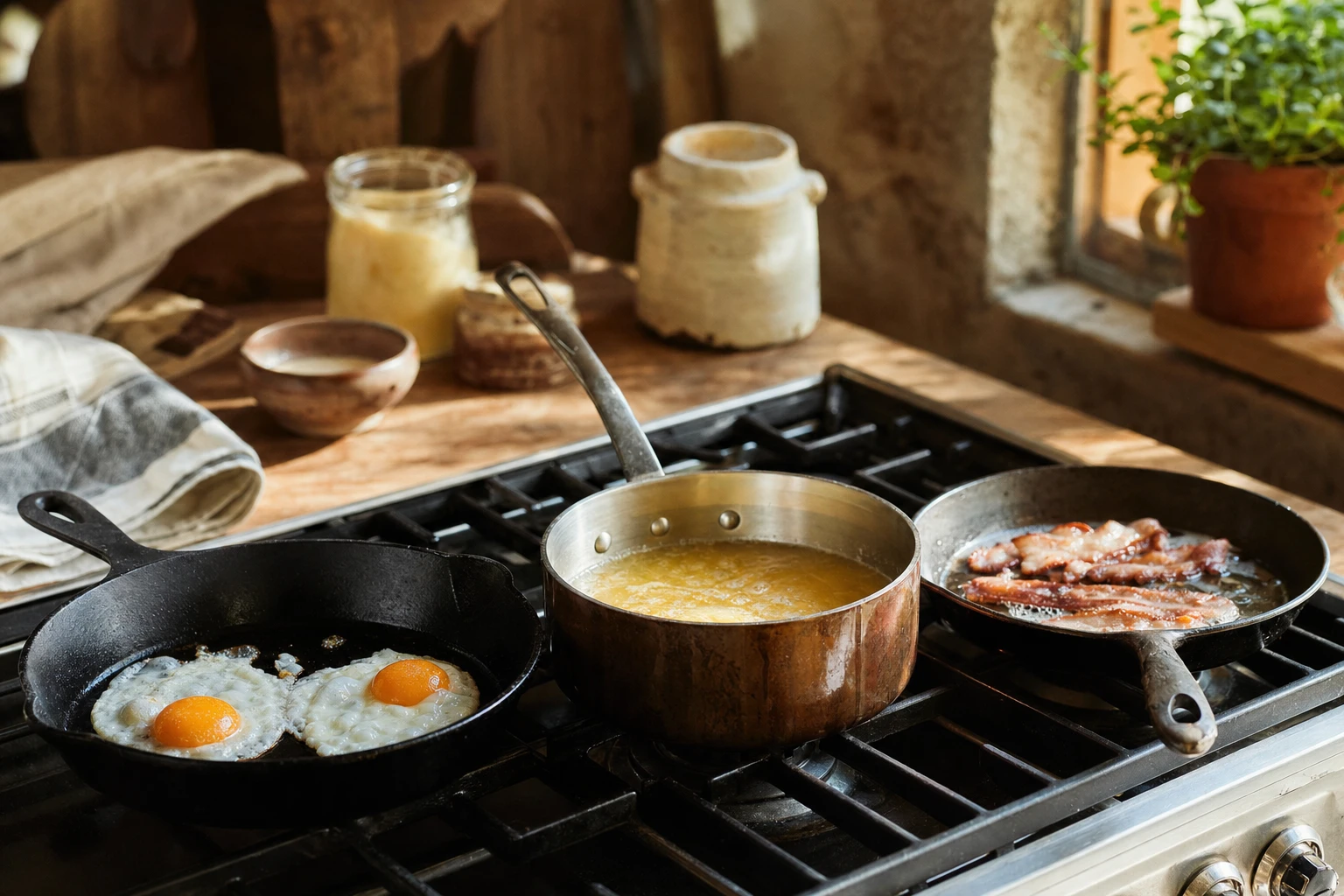 Traditional cooking fats: ghee, tallow, lard in cooking pans