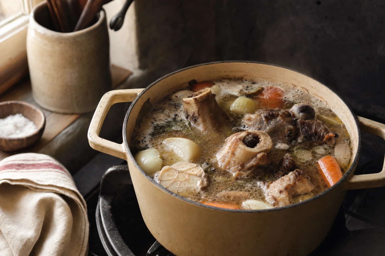 Bone broth simmering in a pot