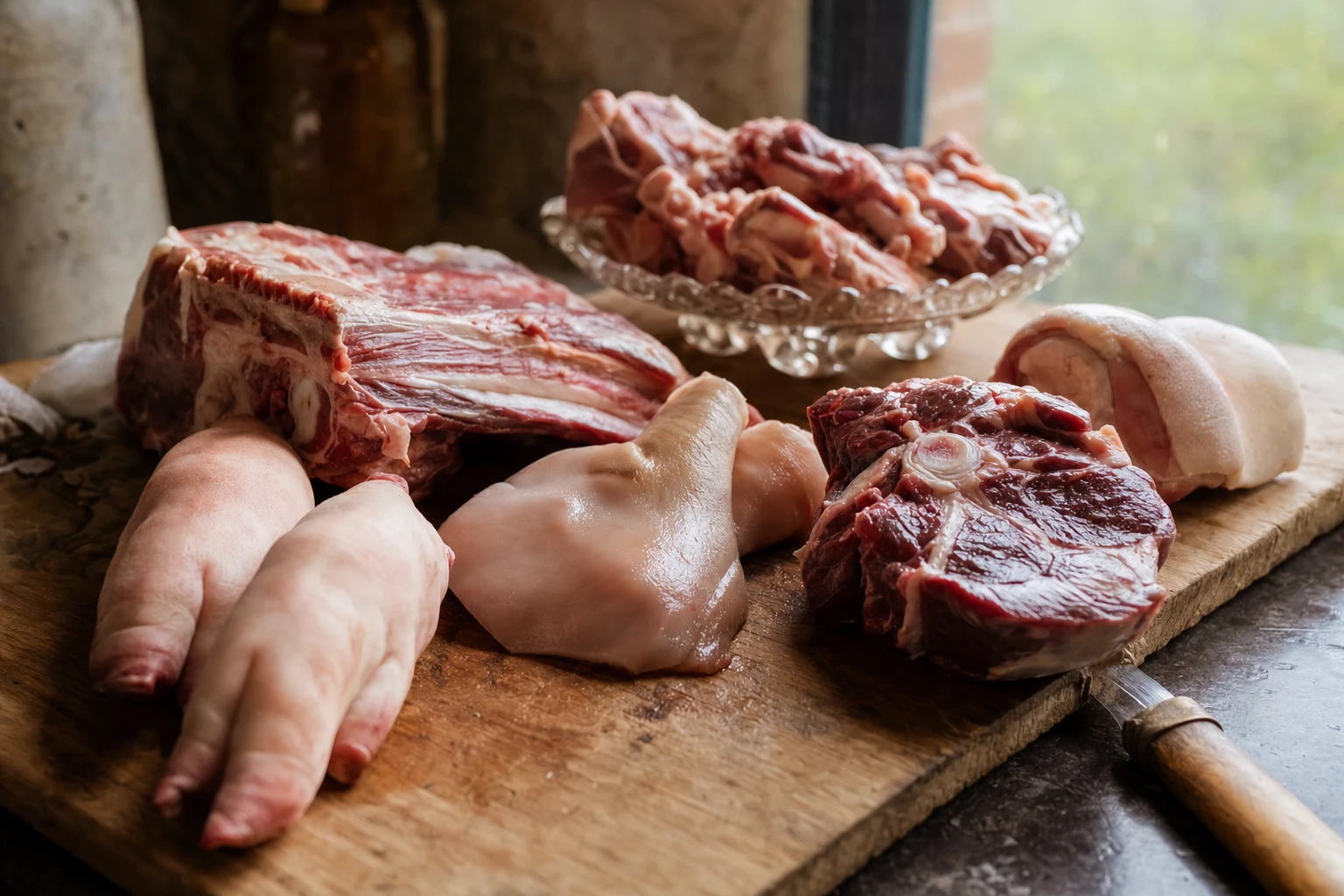 Various gelatinous cuts of meat on a butcher's block