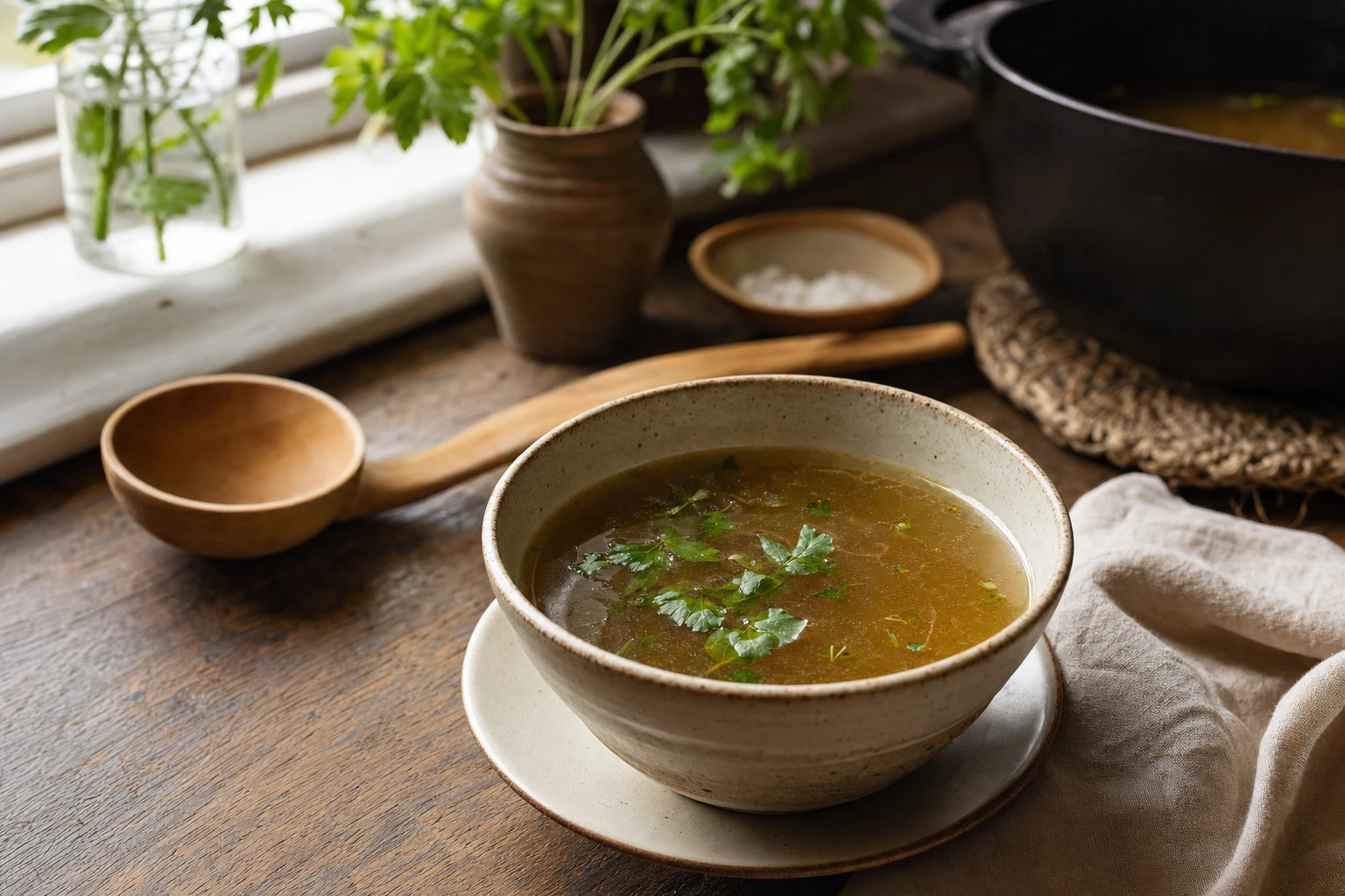 Cup of bone broth with herbs