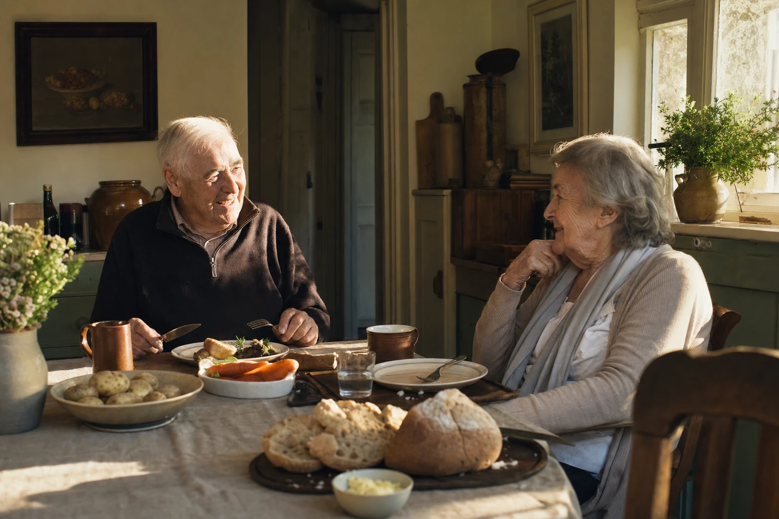 An older couple in a sunlit Irish kitchen, simple food on the table