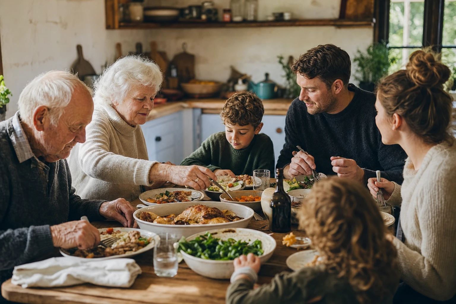 A multi-generational family at a kitchen table, a tin of Organised in frame