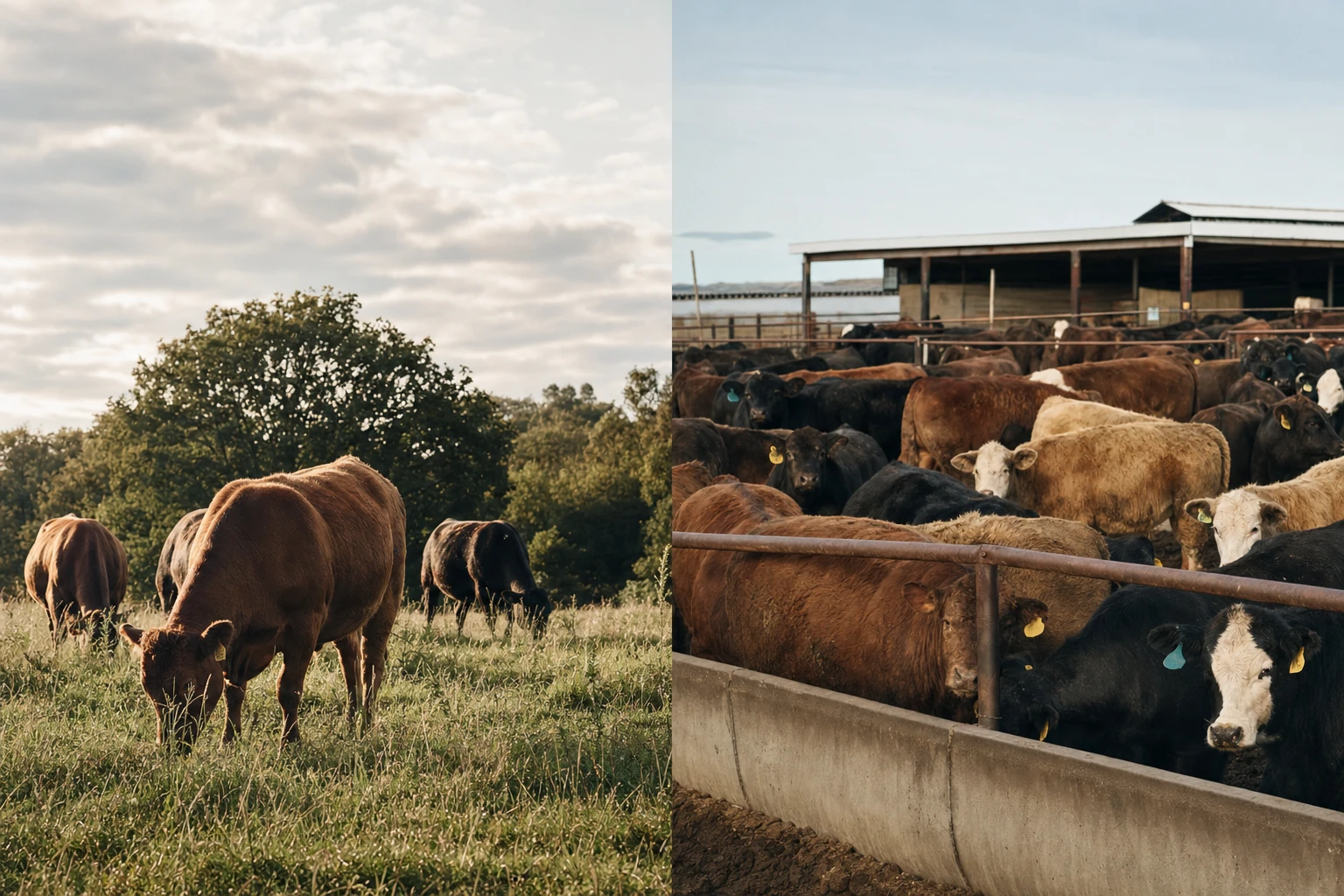 Cattle grazing in pasture, then concentrated in a feedlot pen