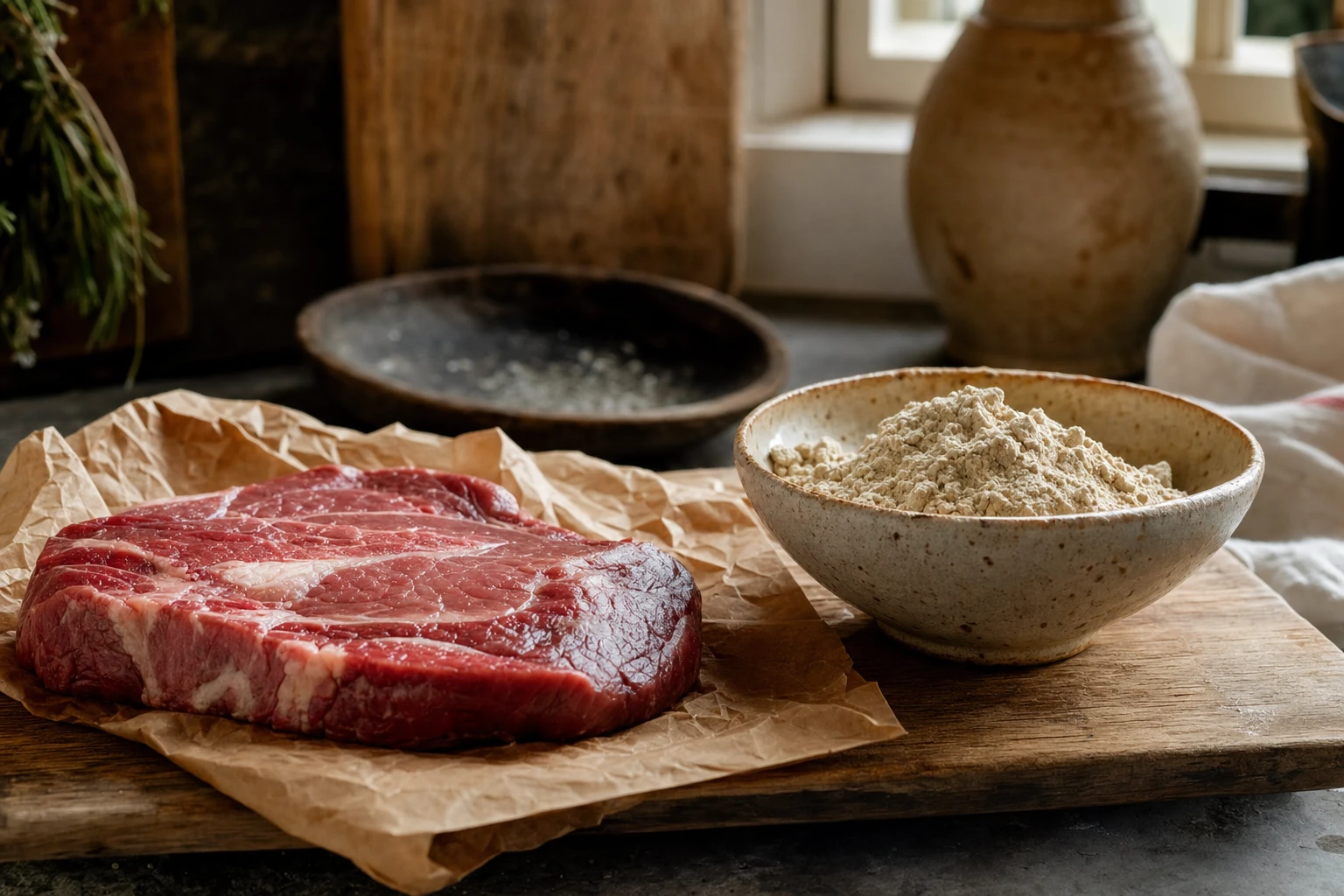 Raw grass-fed beef steak next to a bowl of pea protein powder