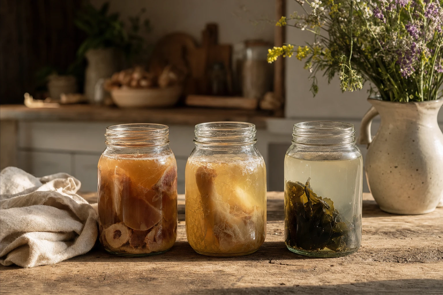 Three bottles or jars lined up representing different collagen sources