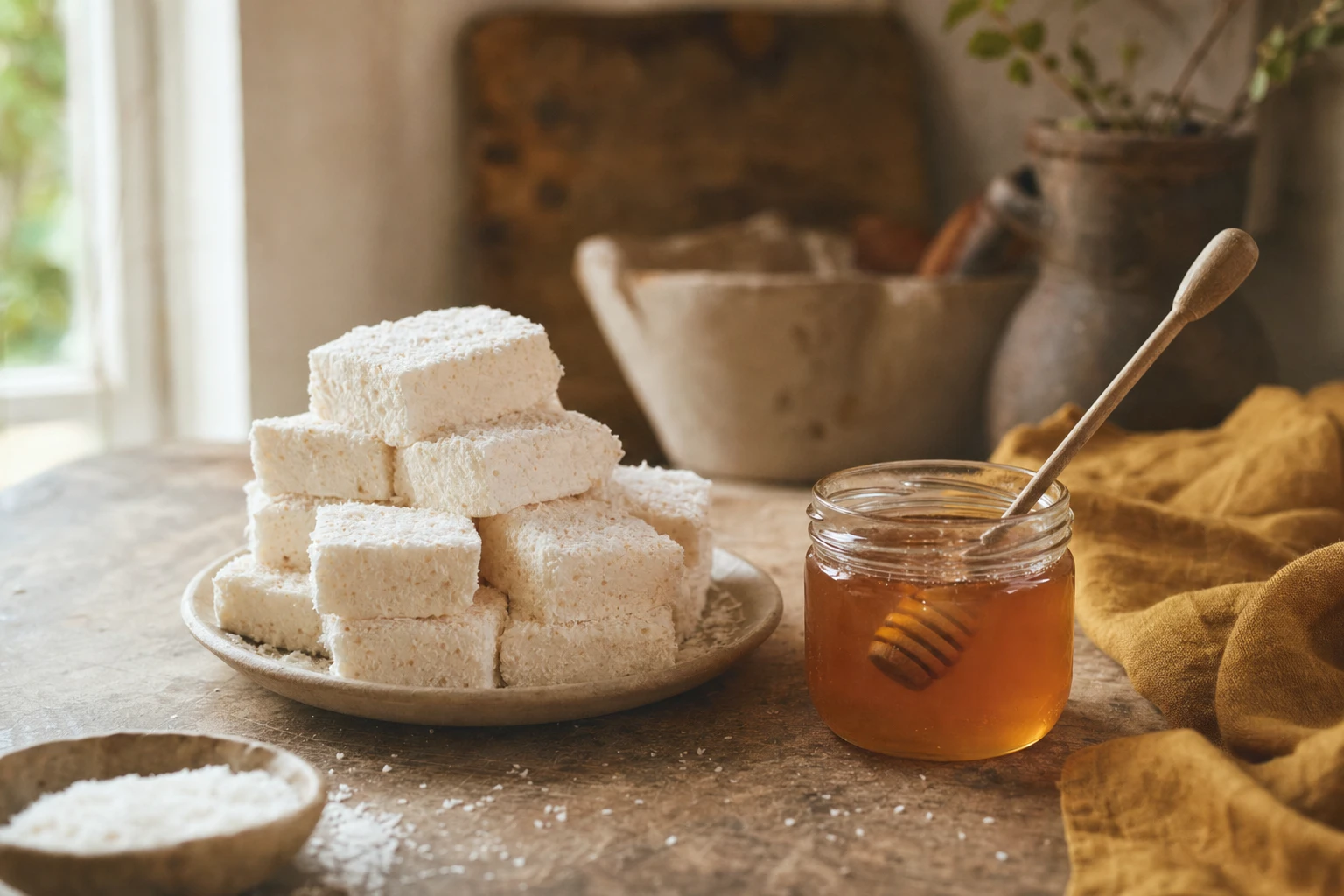 Homemade marshmallows dusted with coconut flour, stacked beside a jar of raw honey