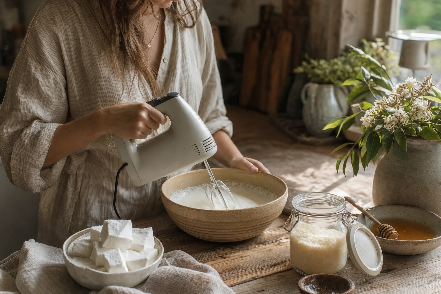 Whisking egg whites with an electric mixer, with a glass jar of gelatine on the counter