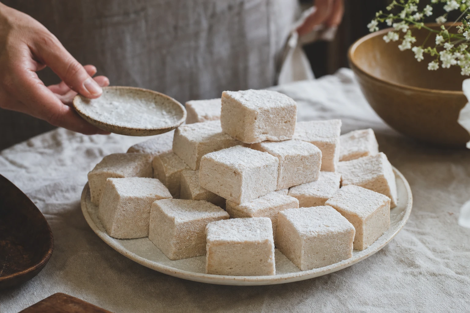 Finished marshmallows dusted with powder, arranged on a white plate