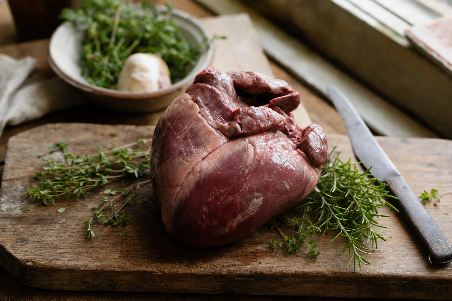 Beef heart on a butcher's board with herbs