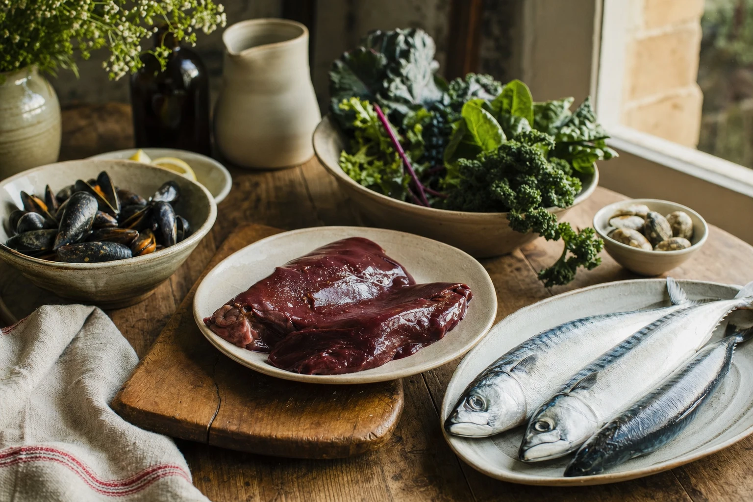 Plate arrangement showing organ meat, fatty fish, leafy greens and shellfish