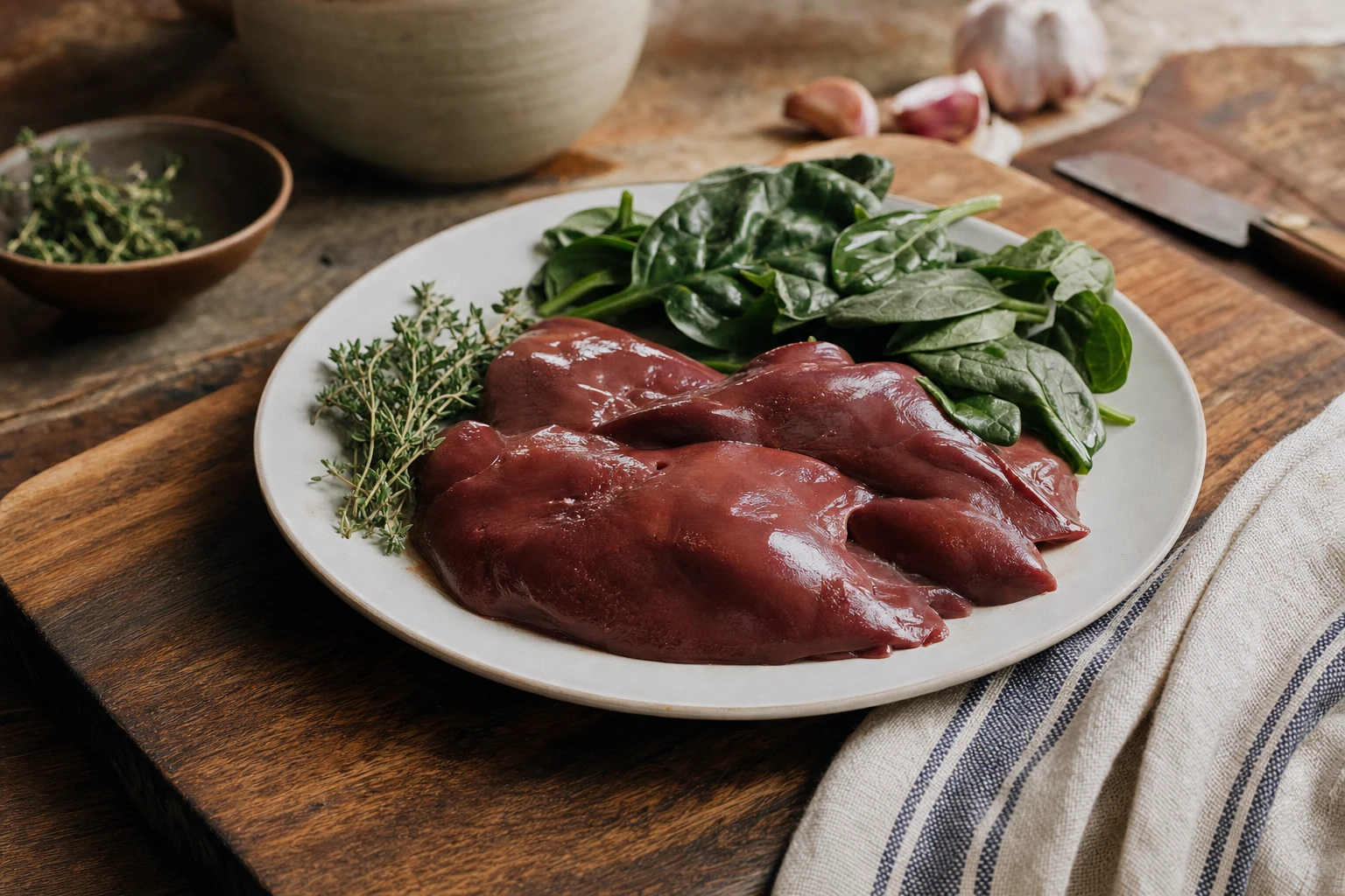 Raw liver on a white plate with herbs and spinach