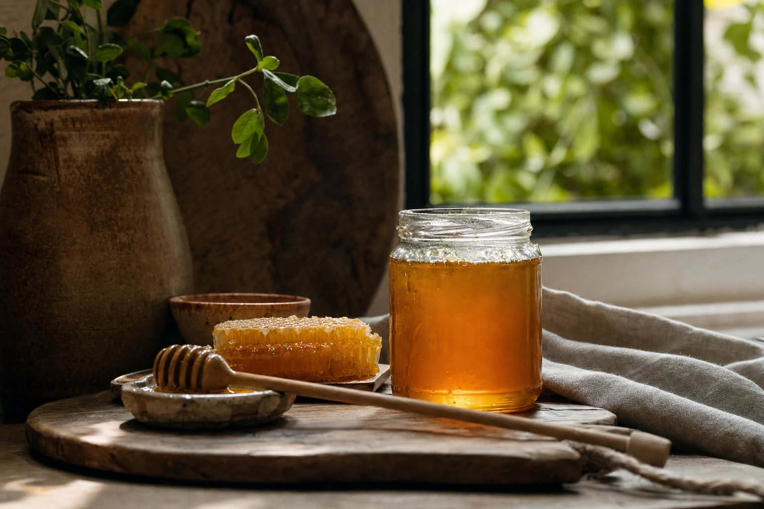 Raw golden honey in a glass jar with honeycomb beside it