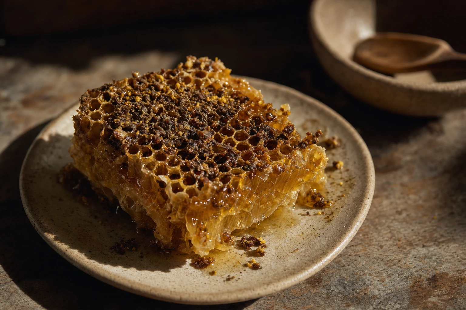 Honeycomb with bee propolis visible