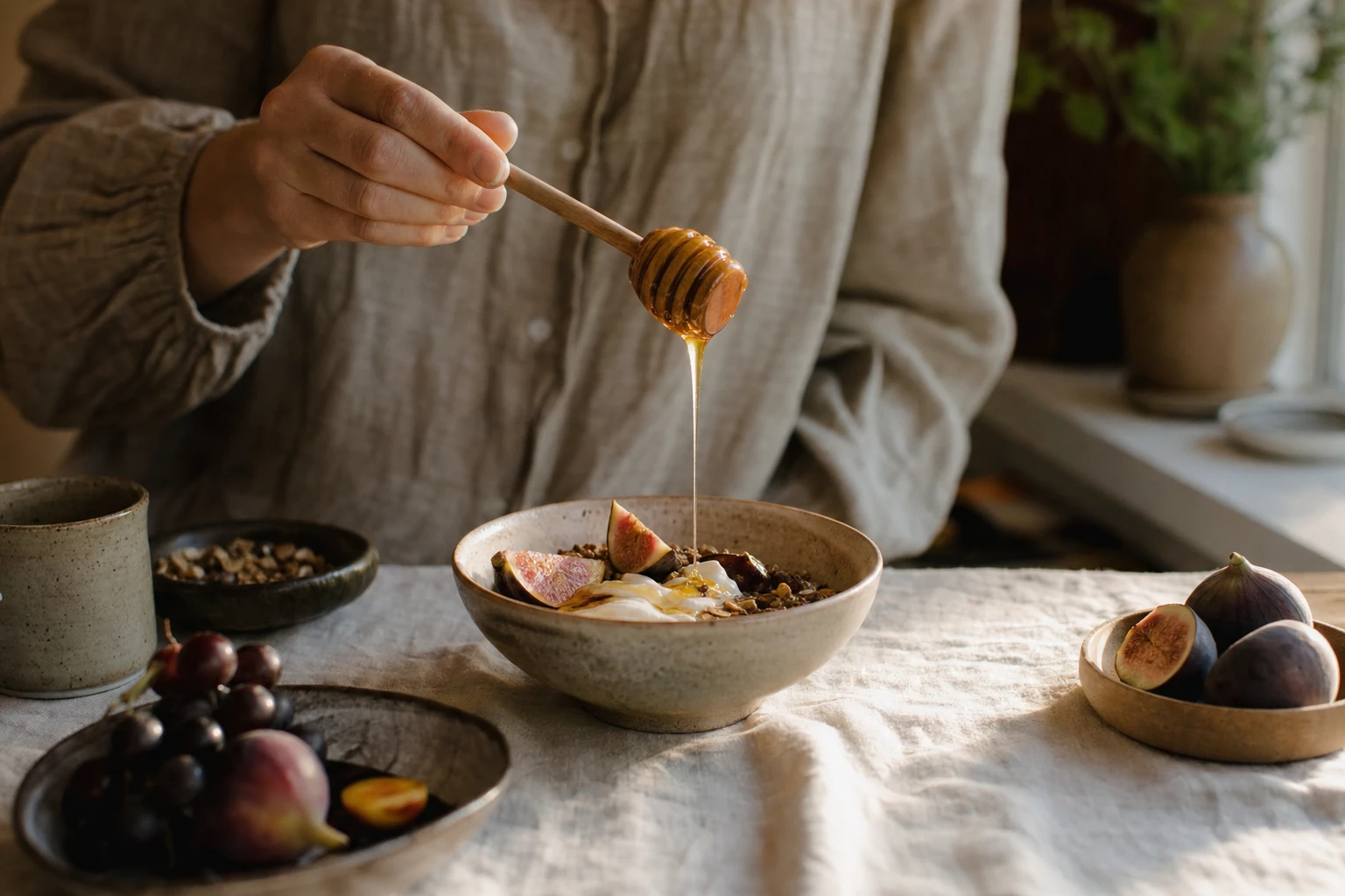 Raw honey drizzled over food, golden and warm