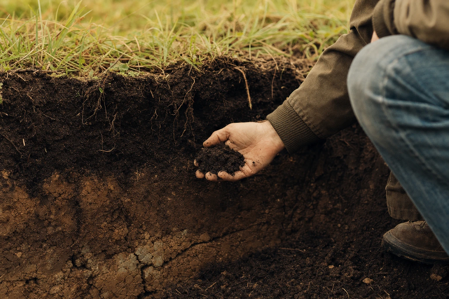 Cross-section of rich soil showing dark carbon-laden earth