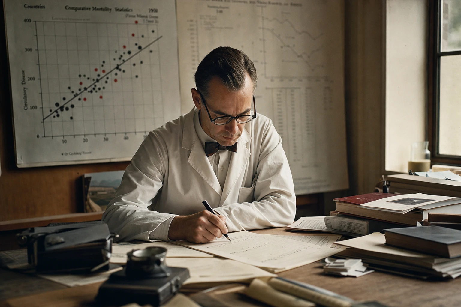 Ancel Keys with charts and graphs about the diet-heart hypothesis from the 1950s