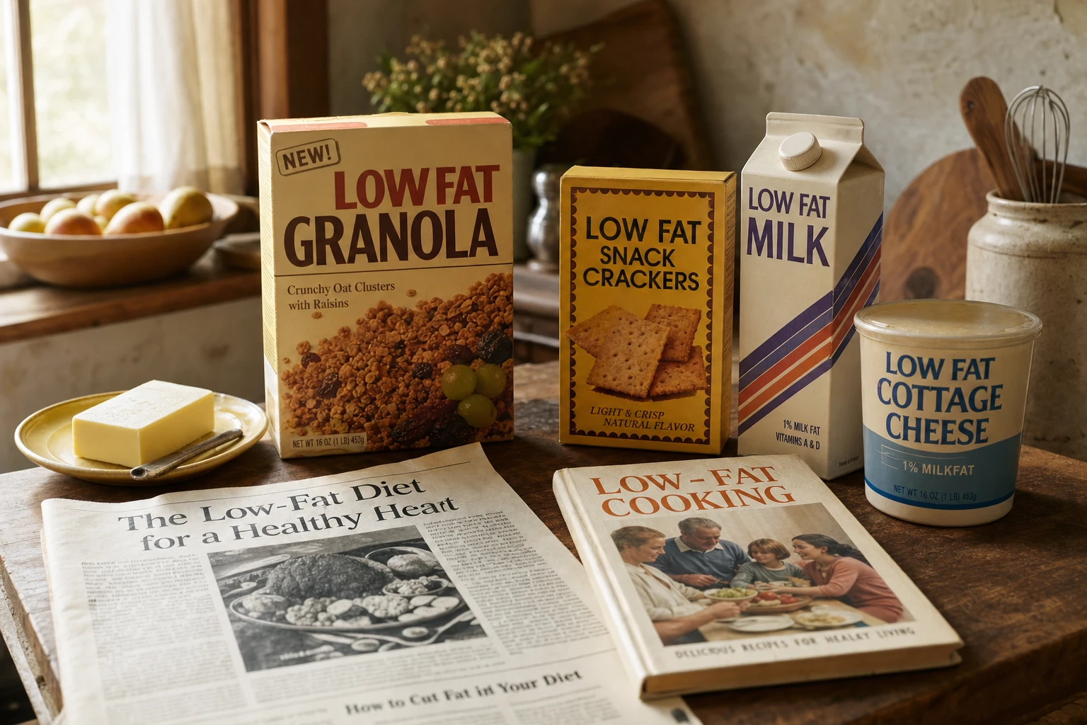 Historical food packaging and nutritional guidelines from the 1970s and 1980s showing low-fat messaging
