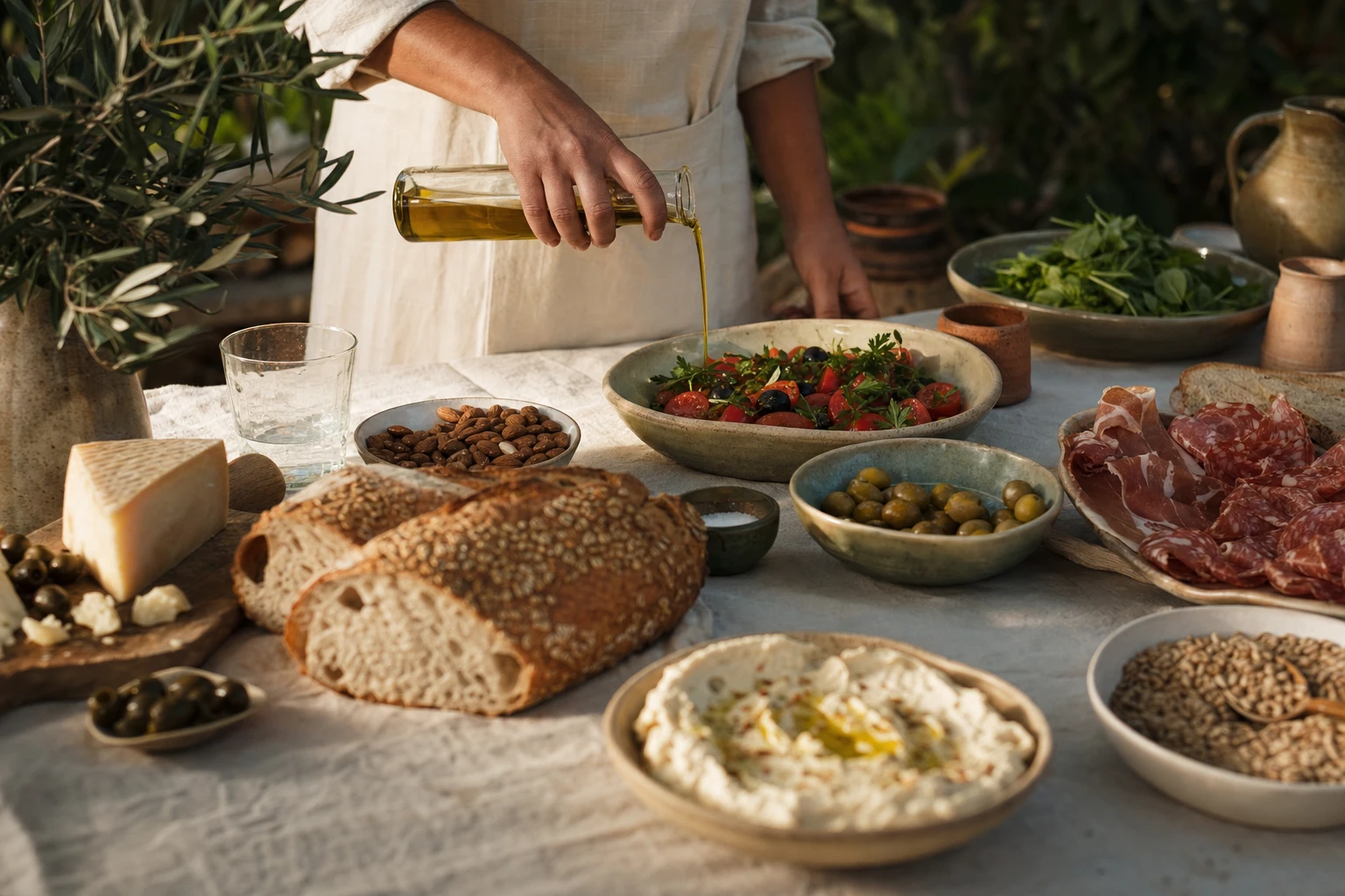 Traditional Mediterranean food spread with olive oil, cured meats, cheese, and whole grains