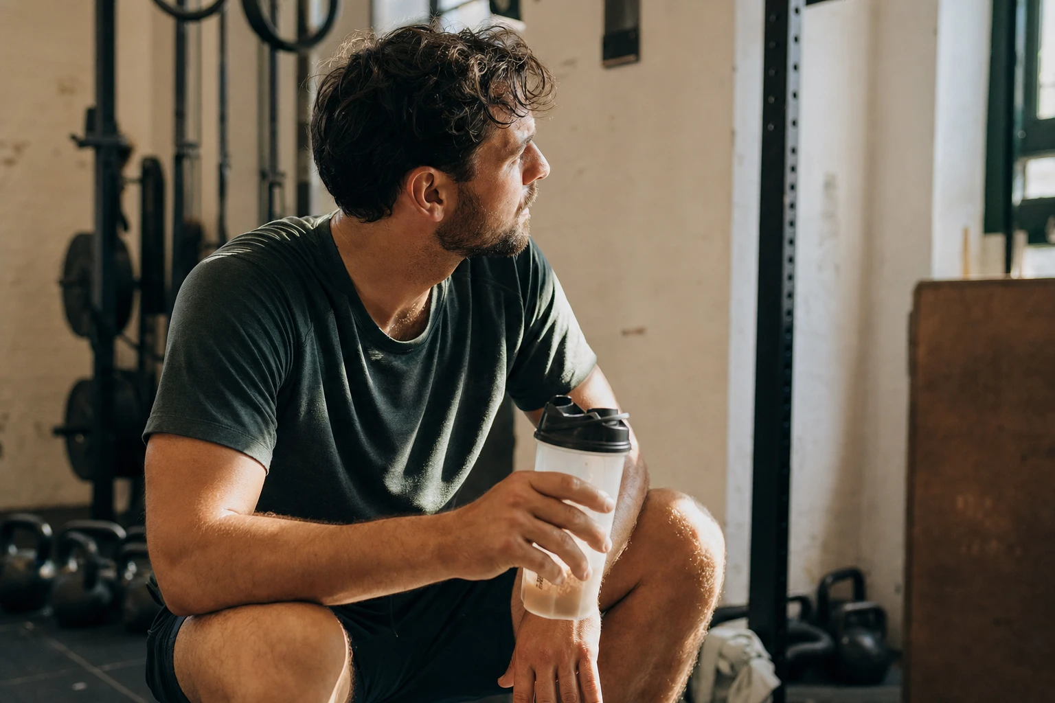 Person holding a shaker bottle with Organised post-workout, gym environment