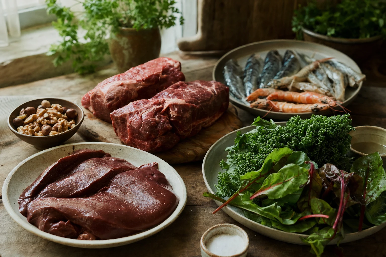 Spread of nutrient-dense foods: liver, red meat, seafood, leafy greens, nuts, salt