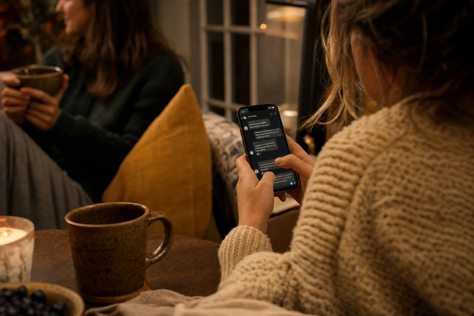Group chat conversation on a phone screen, warm lighting