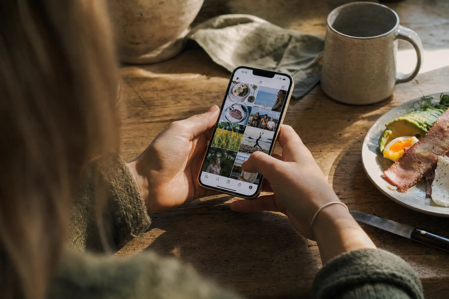 Phone screen showing Instagram posts, soft natural lighting